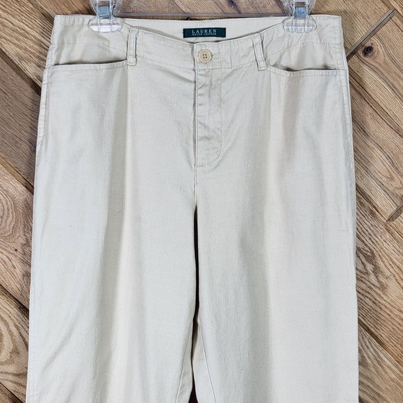 Lauren Ralph Lauren Pants Women 8 Linen Cotton Blend Straight Leg Tan Green Tag - Picture 2 of 9